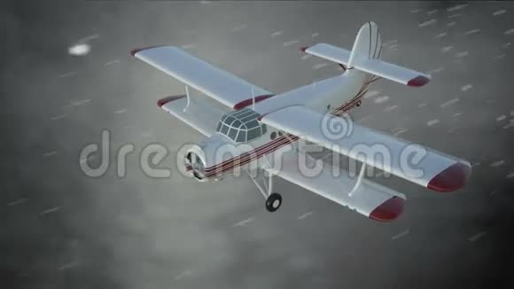 安东诺夫An2双飞机在恶劣天气下飞行旧白色复古飞机真实物理动画真实反射和运动视频的预览图
