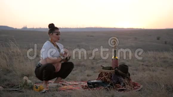 日落时分在野外做瑜伽的孕妇视频的预览图