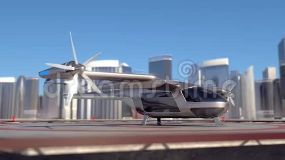 飞行出租车无人机起飞与城市天际线的背景4k视频的预览图