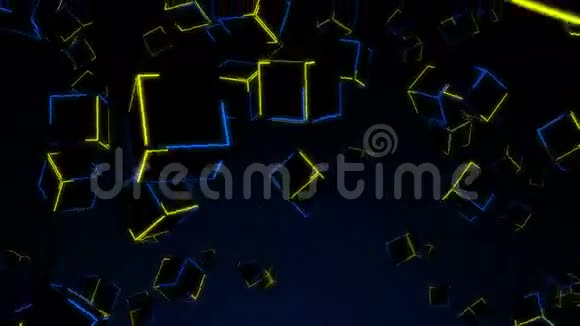 三维多边形立方块下落的无缝动画霓虹灯背景下的几何方块运动图形运动视频的预览图