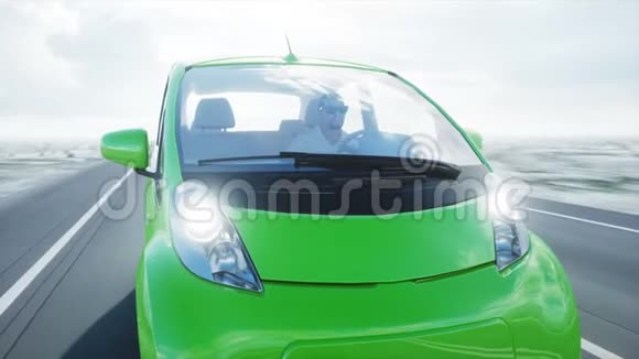 三维人模型电动绿色汽车三维模型拉德生态概念逼真的4K动画视频的预览图