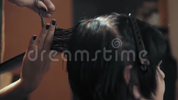 发型师在美发沙龙理发时剪女发视频的预览图