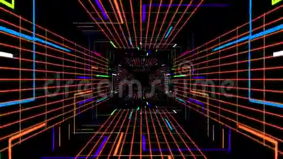 数字未来式隧道路径彩色变换几何线与分块网格的无缝三维动画视频的预览图