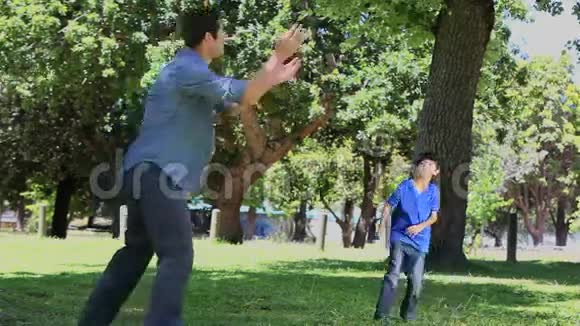 父亲和儿子在公园踢足球视频的预览图