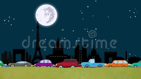 夜间在巴黎天际线上高速行驶中的汽车循环卡通矢量视频的预览图