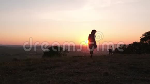 日落时分可爱的年轻女子和她可爱的狗在大自然中玩耍视频的预览图