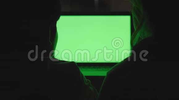 母亲和儿子在家看着笔记本电脑上的绿色屏幕视频的预览图