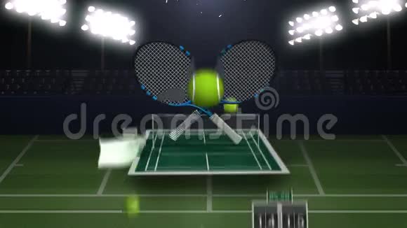 浮动网球图标球拍球网球场视频的预览图