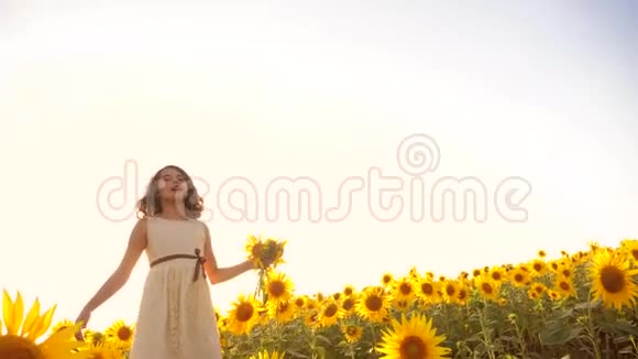 可爱的女孩在生活方式黄色花园向日葵阳光在夏天美丽的日落小女孩向日葵视频的预览图