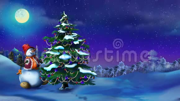 神奇之夜中圣诞树旁的雪人视频的预览图