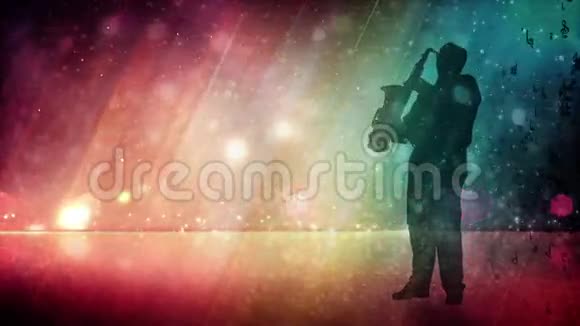 萨克斯风与彩虹闪光背景的剪影视频的预览图