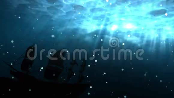 深蓝色海洋的无缝动画与沉船背景海底沉船的轮廓背景视频的预览图