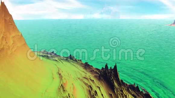 幻想外星人星球岩石和湖泊3D动画4s视频的预览图