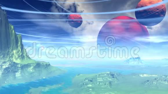 幻想外星人星球岩石和湖泊3D动画4s视频的预览图