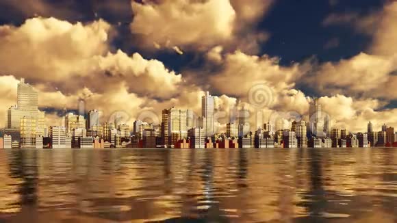 日落时分城市摩天大楼倒映在水中视频的预览图