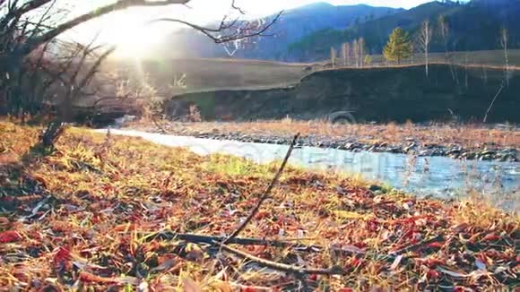 多利滑块拍摄了在森林附近的一条山河里飞溅的水潮湿的岩石和阳光水平稳定视频的预览图