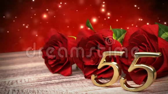 无缝环生日背景与红色玫瑰在木桌上第五十五岁生日第55次3D译文视频的预览图
