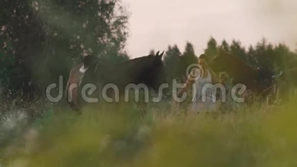 两个带着马的年轻女孩在战场上视频的预览图