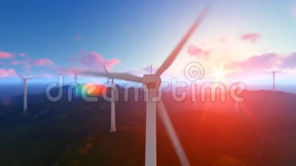 日出时有光线的风力涡轮机农场视频的预览图