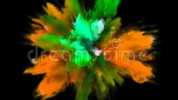 彩色爆炸五颜六色的橙色绿色烟雾爆炸流体粒子阿尔法哑光视频的预览图