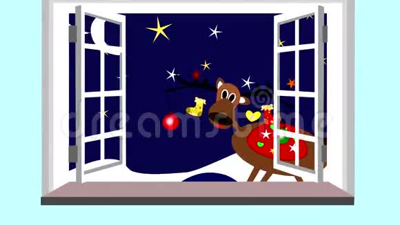 可爱的圣诞驯鹿透过敞开的窗户视频的预览图