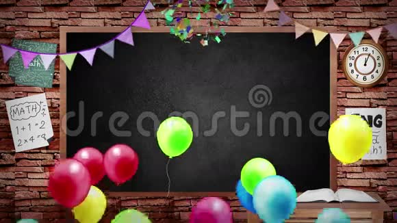回到学校黑板背景儿童派对庆祝室内设计动画视频的预览图