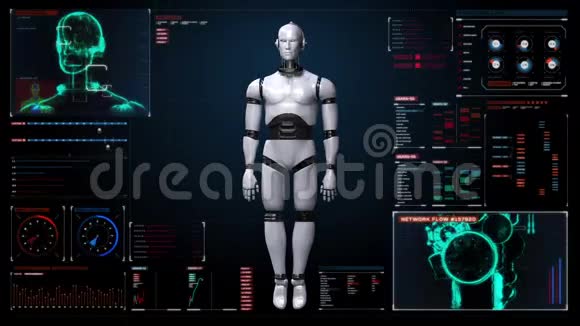 在数字界面中扫描旋转的白皮3D机器人本体计算机显示面板视频的预览图