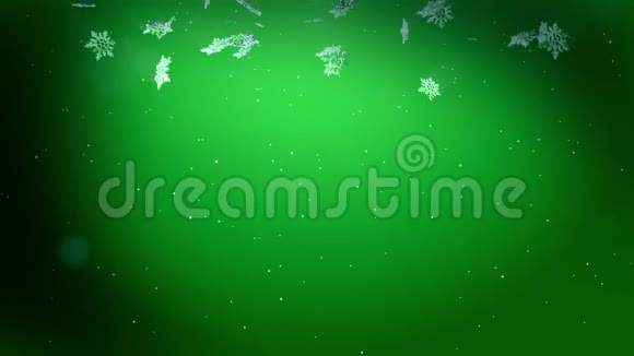 美丽的三维雪花在空气中缓慢地漂浮并在夜间在绿色的背景上发光使用动画圣诞视频的预览图