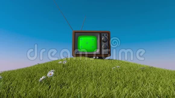 古老的复古电视在一个草山三维动画追踪你的内容视频的预览图