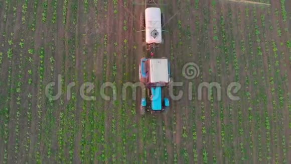 日落时用新鲜的年轻的土豆灌溉田间拖拉机的鸟瞰图视频的预览图