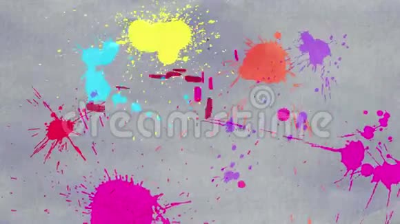 彩色绘画或水彩笔墨在尘土飞扬的纸张上滴溅的动画并创造出色彩斑斓的背景图案视频的预览图