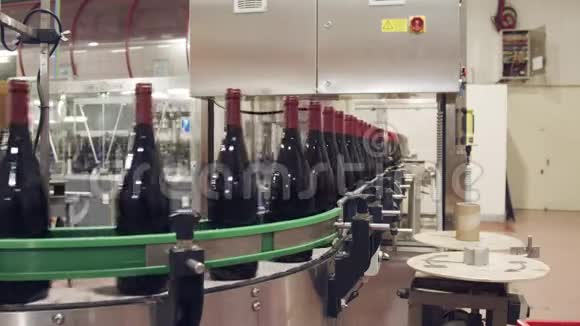 葡萄酒装瓶厂传送带上的红酒瓶视频的预览图