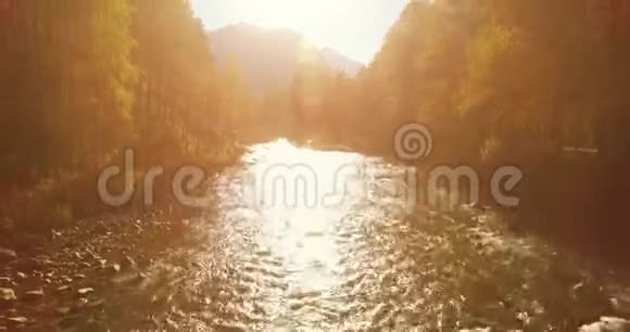 在阳光明媚的夏季早晨低空飞行在带岩石的新鲜快山河上视频的预览图