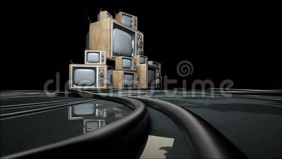 一堆复古古董电视在黑暗的房间里现实的4k动画视频的预览图