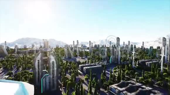 未来派客车飞越城市城镇未来的建筑空中观景超现实4k视频的预览图