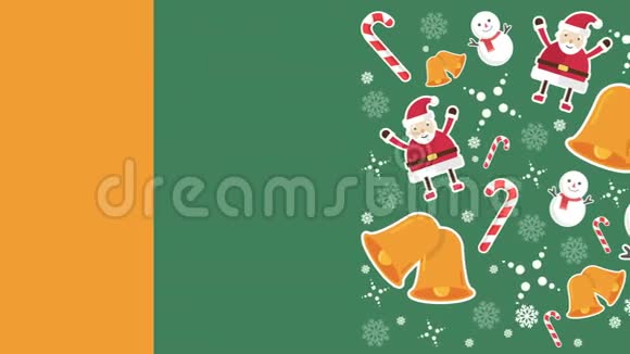圣诞快乐雪人圣诞老人铃铛和糖果罐的动画视频的预览图