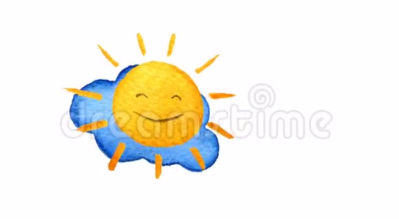黄色的太阳和蓝色的云透明背景上手绘水彩插图视频的预览图