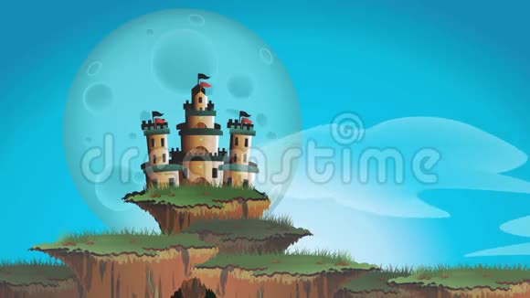 浮岛雾世界童话奇幻城堡的无缝卡通动画时间从清晨开始变化视频的预览图