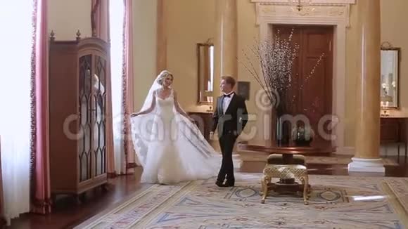 新郎新娘在宫殿里散步视频的预览图