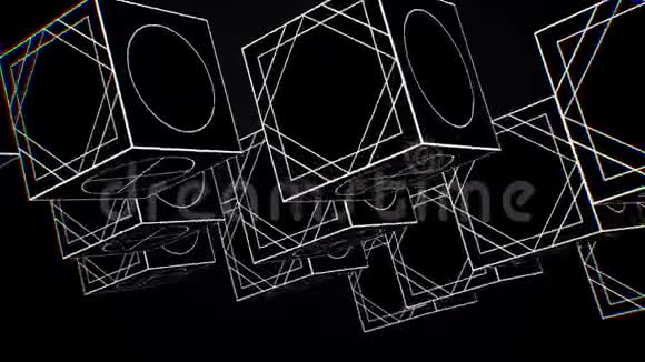 运动立方体循环在黑色背景上旋转白线立方体视频的预览图