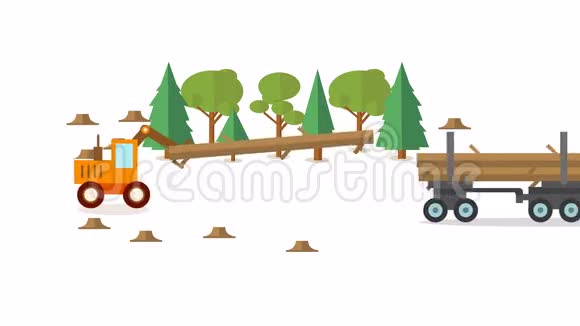 森林收割机图标围成一圈轮式收割机buncher平板动画视频的预览图