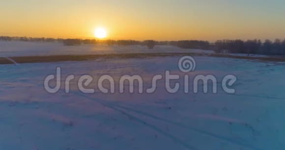 无人驾驶飞机观看寒冷的冬季景观北极的田野覆盖着霜雪的树木和清晨的阳光视频的预览图