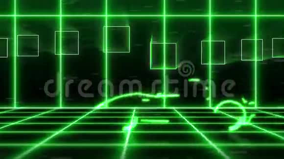 绿色能源未来主义超级汽车的抽象动画用绿色光束线框在未来城市背景上制作视频的预览图