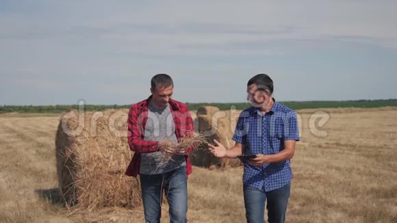 团队农业智慧农业理念两名男工农民在数字平板电脑上的干草堆上散步视频的预览图