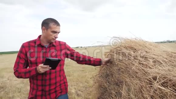 智慧农业理念一个农民在数字平板电脑上的生活方式领域研究干草堆慢动作视频的预览图