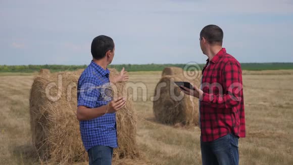 团队农业智慧农业理念两名男性农民工人在一个关于生活方式数字的领域里研究干草堆视频的预览图