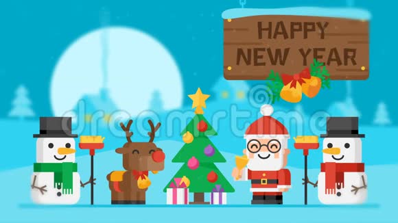 新年快乐概念圣诞老人驯鹿雪人和圣诞树视频的预览图