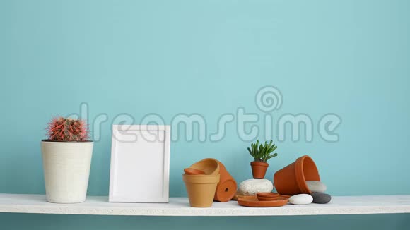 现代客房装饰与相框模型白色的架子贴着青绿色的墙壁上面有陶器和肉质植物手视频的预览图