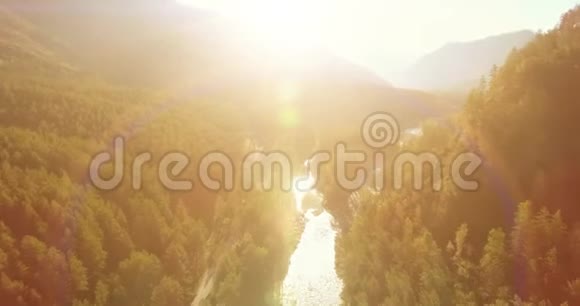 在阳光明媚的夏季早晨低空飞行在带岩石的新鲜快山河上视频的预览图