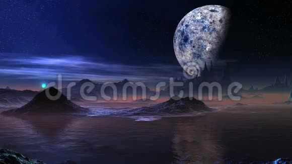 外星蓝色日出和巨大的月亮视频的预览图